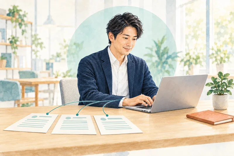 情報を整理し、パソコンで書類を作成する担当者のイメージ